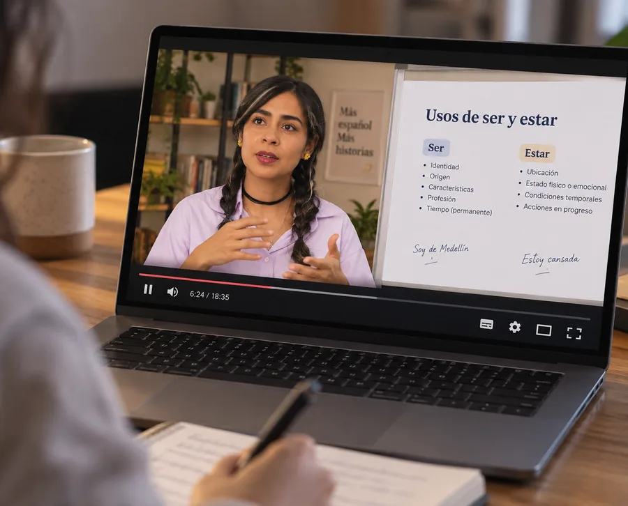 Pre-recorded Spanish video lesson playing on a laptop