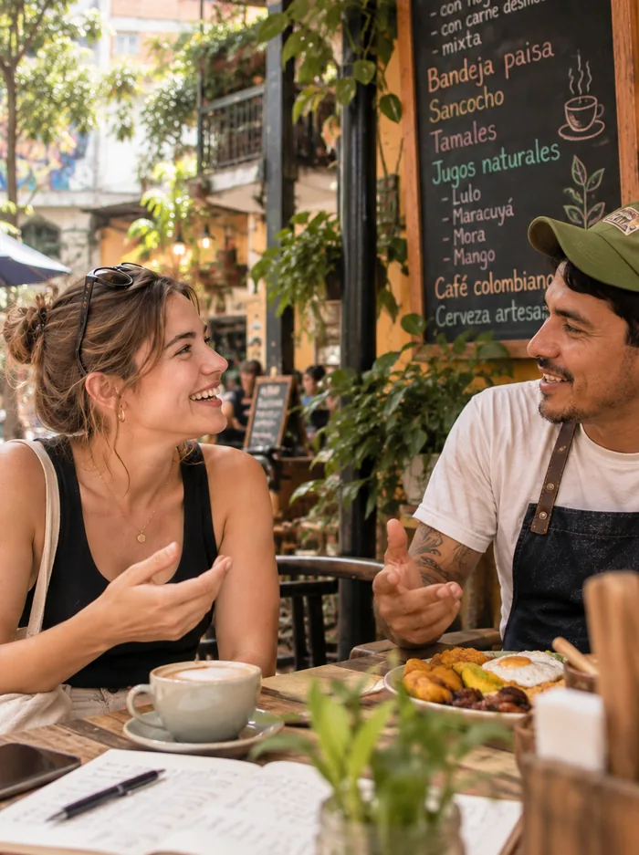 Two people practicing Spanish conversation at a café in Colombia