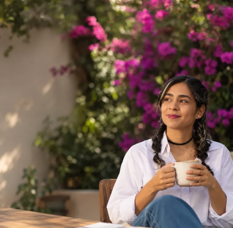 Ana María holding a coffee mug, relaxed and smiling